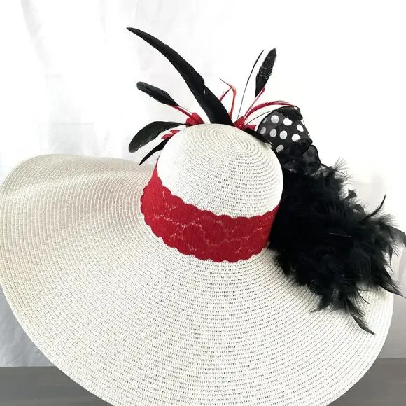 Retro White Red Womens Kentucky Derby Hat Jeweled Flower Polka Dot Bow Wide Brim - Picture 4 of 4